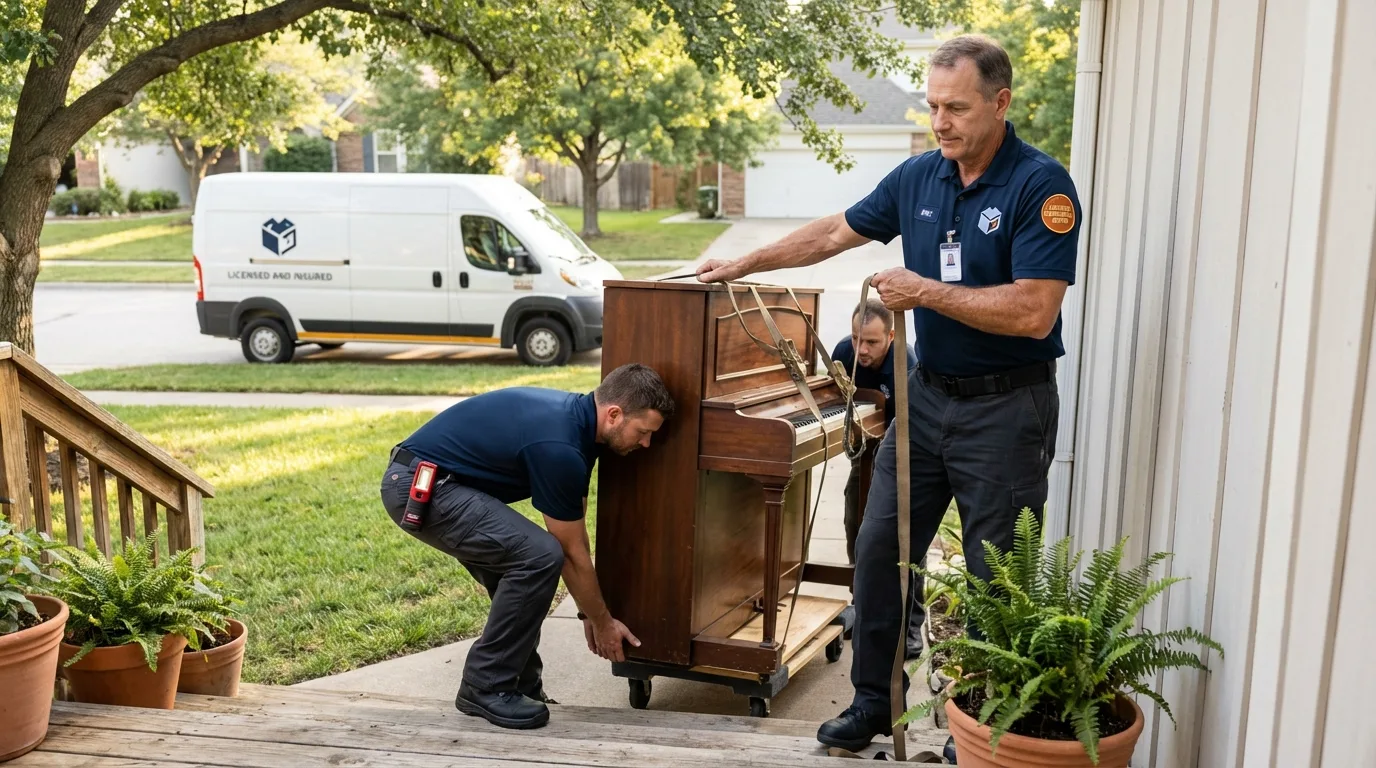 Licensed piano movers securing grand piano in Bonner Springs, KS