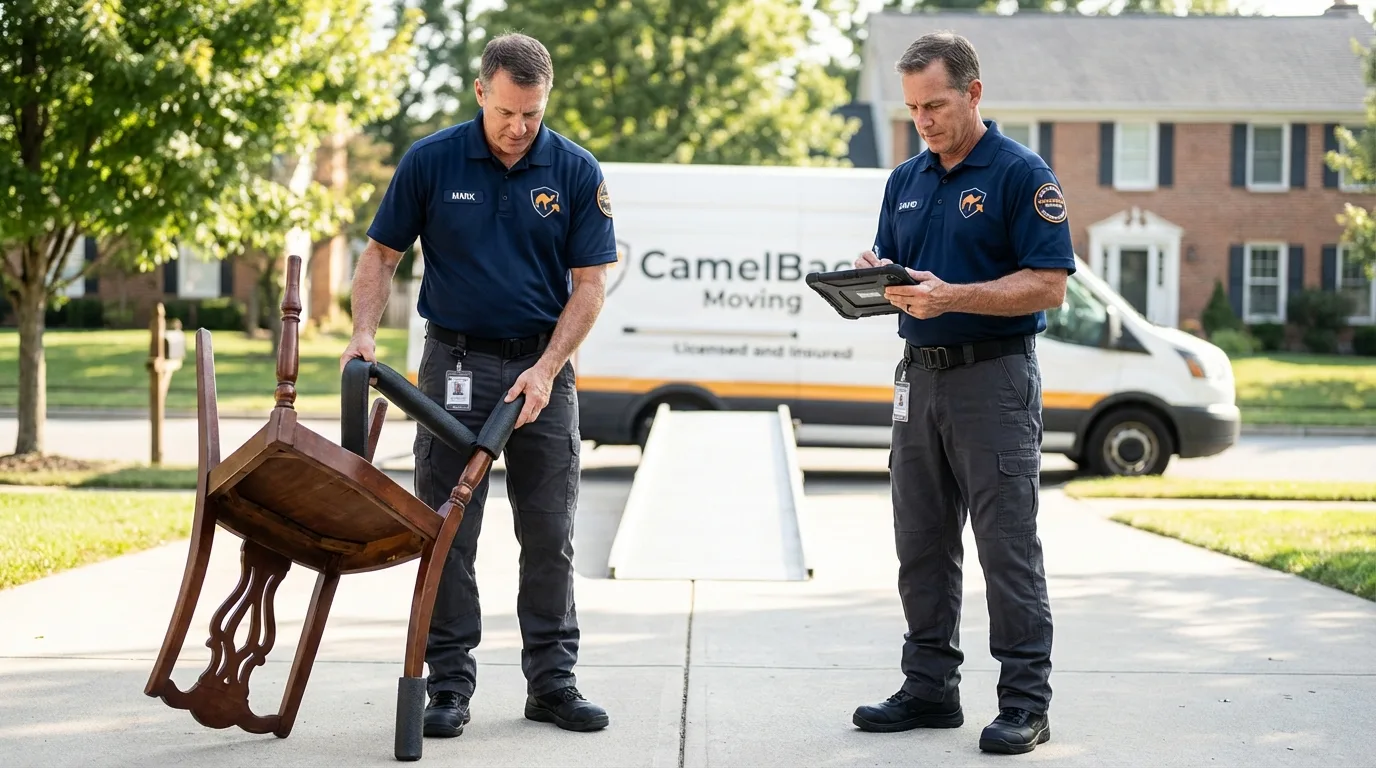 Movers inspecting furniture for damage prevention before loading in Bonner Springs, KS