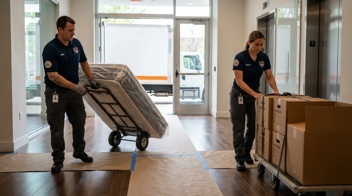 Professional apartment movers loading elevator in Bonner Springs, KS