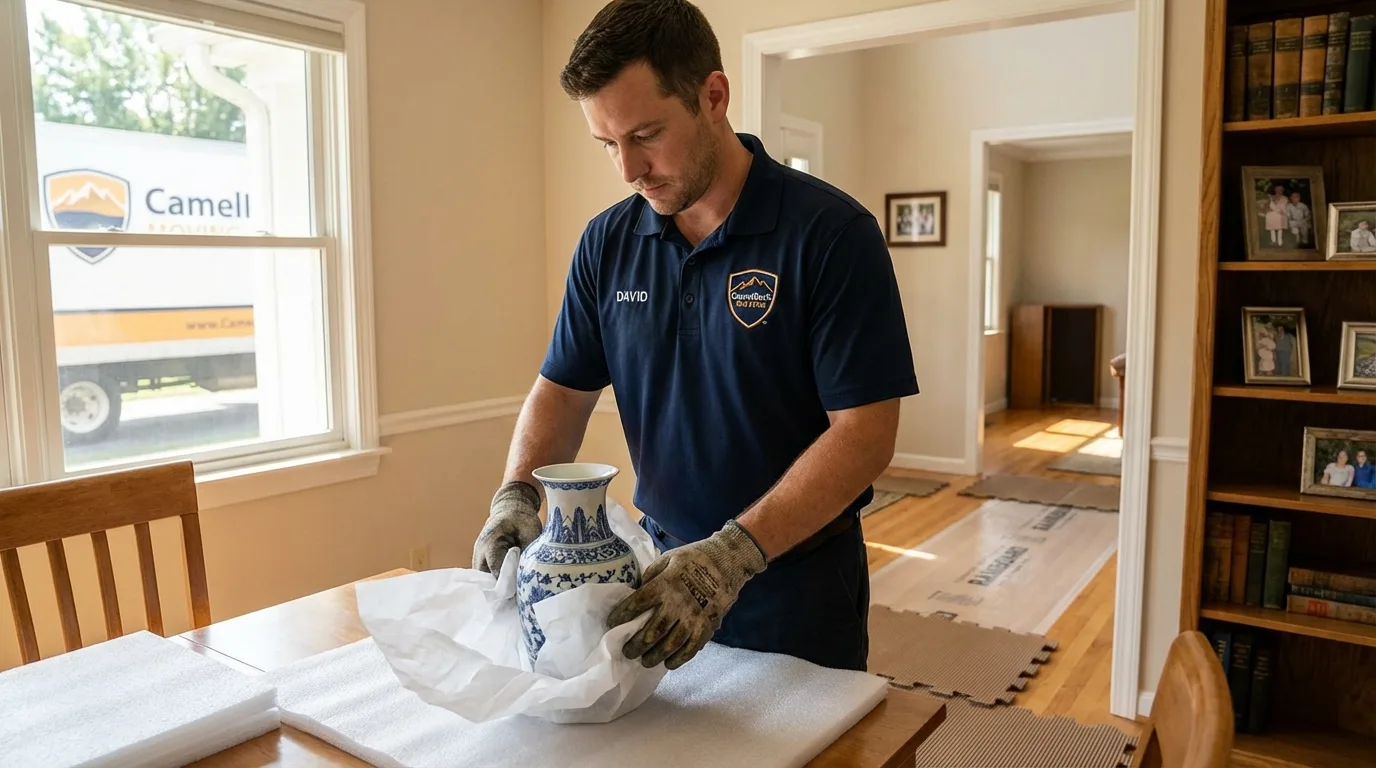 Professional crew carefully wrapping antique vase for senior downsizing move in Bonner Springs, KS